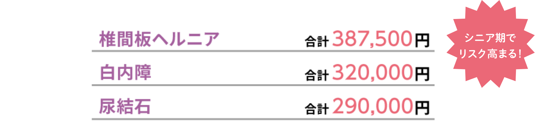 椎間板ヘルニア 合計387,500円 白内障 合計320,000円 尿結石 合計290,000円 シニア期でリスク高まる！